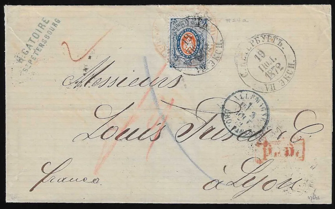 20 Kop. bleu/orange, bon papier à rayures verticales, seul sur lettre superbe de Saint-Pétersbourg 1872 pour Lyon, Mi. 400,-
