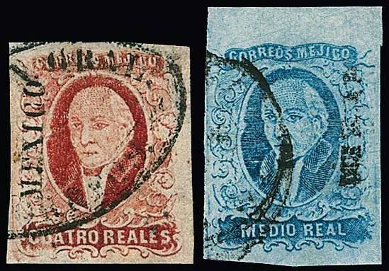 1/2 R. blau, breitrandiges Prachtstück, und 4 R. rot (besonders farbfrisch) breitrandig (punkthelle Stelle und Randriß ausserhalb = unbedeutend), Mi. 120,-