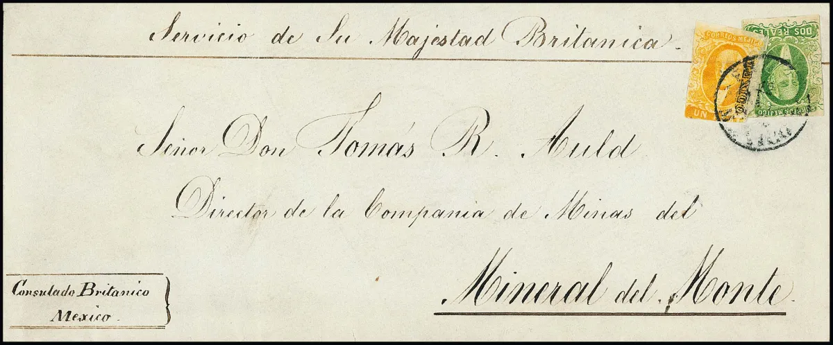 1 R. oranje en 2 R. groen elk met opdruk "Mexico" op briefomslag van derde gewichtstrap van Mexico-City naar Mineral del Monte (ongedateerd), de 2 R.…