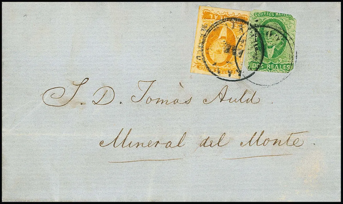 1 R. orange et 2 R. vert émeraude sur lettre de Mexico-City à Mineral del Monte (district postal de Pachuca), la 1 R. pleine marge avec surcharge "Mexico", la…