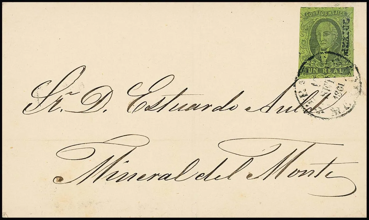 1 R. orange and 2 R. black/green, two well-cut examples with overprint "Mexico" each as single franking on two letters to Mineral del Monte, 1858…