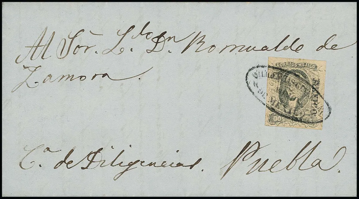 2 R. noir/rose, très larges marges, avec surcharge "Mexico" sur lettre de malle-poste de Mexico-City à Puebla (non datée), oblitérée par cachet ovale de la société de diligences "Diligencias Generales de Mexico", l'expéditeur a noté la demande de transport vs. "Co (Correos) de Diligencias", sign. Bash