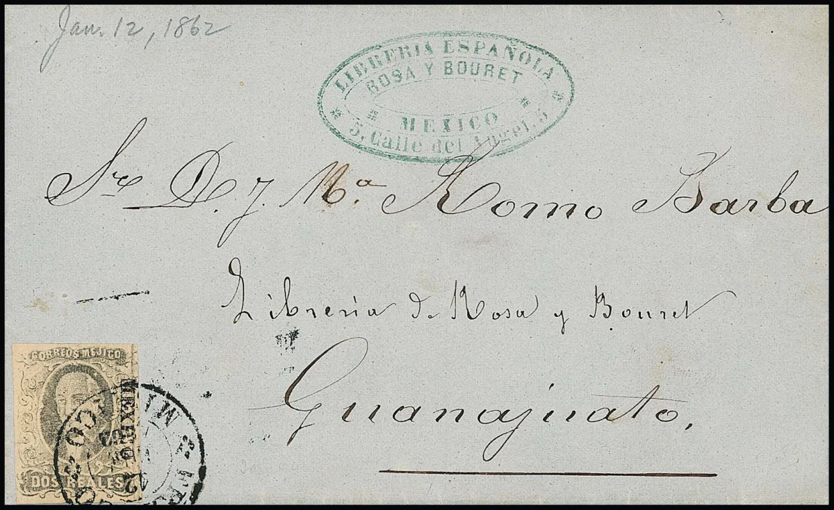 2 R. noir/rose, très larges marges, avec surcharge "Mexico" sur lettre de cabinet avec rare cachet de départ clair "Mexico" du 12 janv. 1862 et très décoratif cachet d'expéditeur "Libreria Espanola"