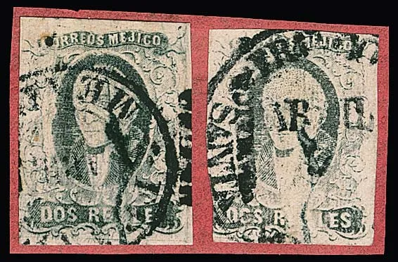 2 R. black/pink, two well-margined examples each with prominent plate flaw "plate crack from bottom margin into the Hidalgo head" from sheet position 189