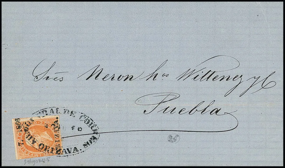 25 C. dark orange with overprint "Orizava" and "7-1866" on letter to Puebla (Aug 18, 1866), stamp cut at left, otherwise wide margins, clean franking…
