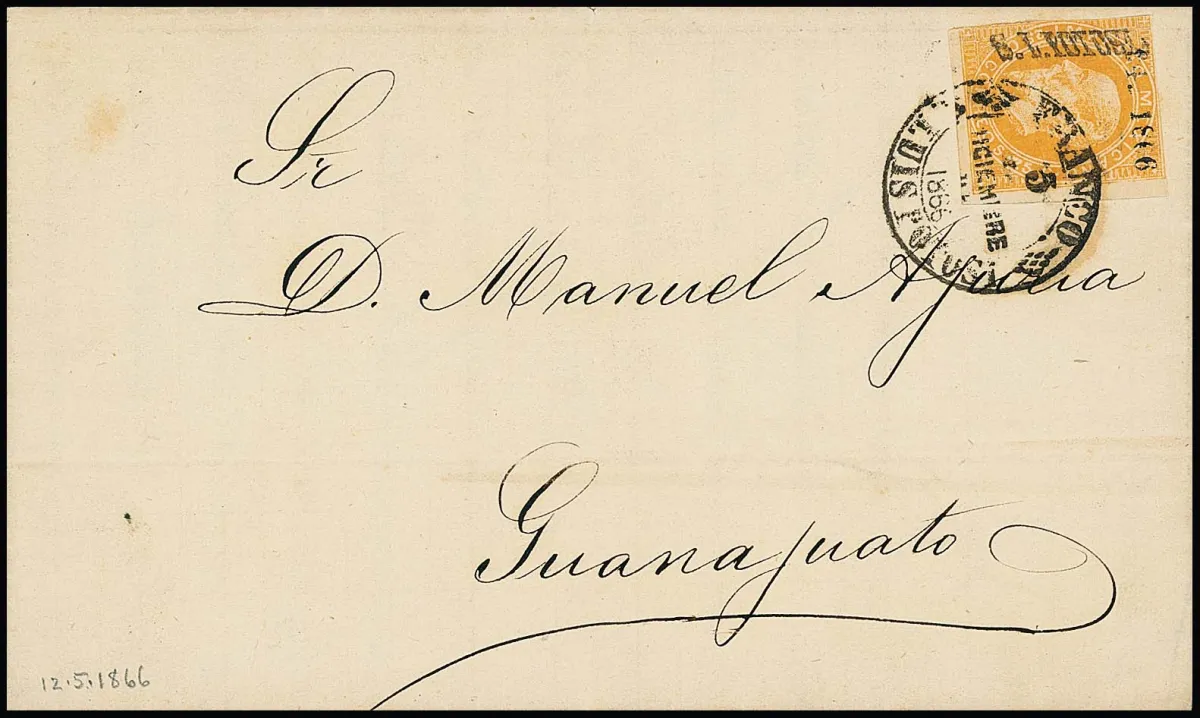 25 C. oranje (velrand) met opdruk "S.L. Potosi" en "94-1866" op brief naar Guanajuato (5 dec. 1866)