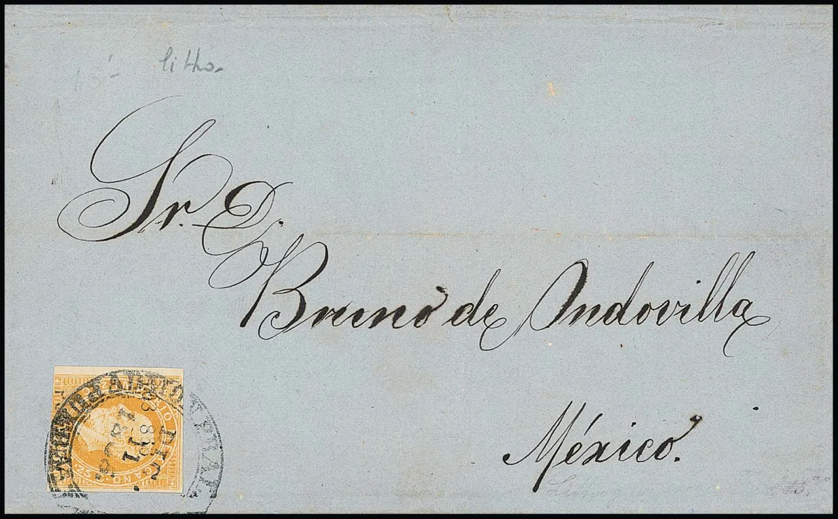 25 C. orange (frotté en bas) avec surcharge "Puebla" et "103-1866" sur lettre pour Mexico-City (11 déc. 1866)