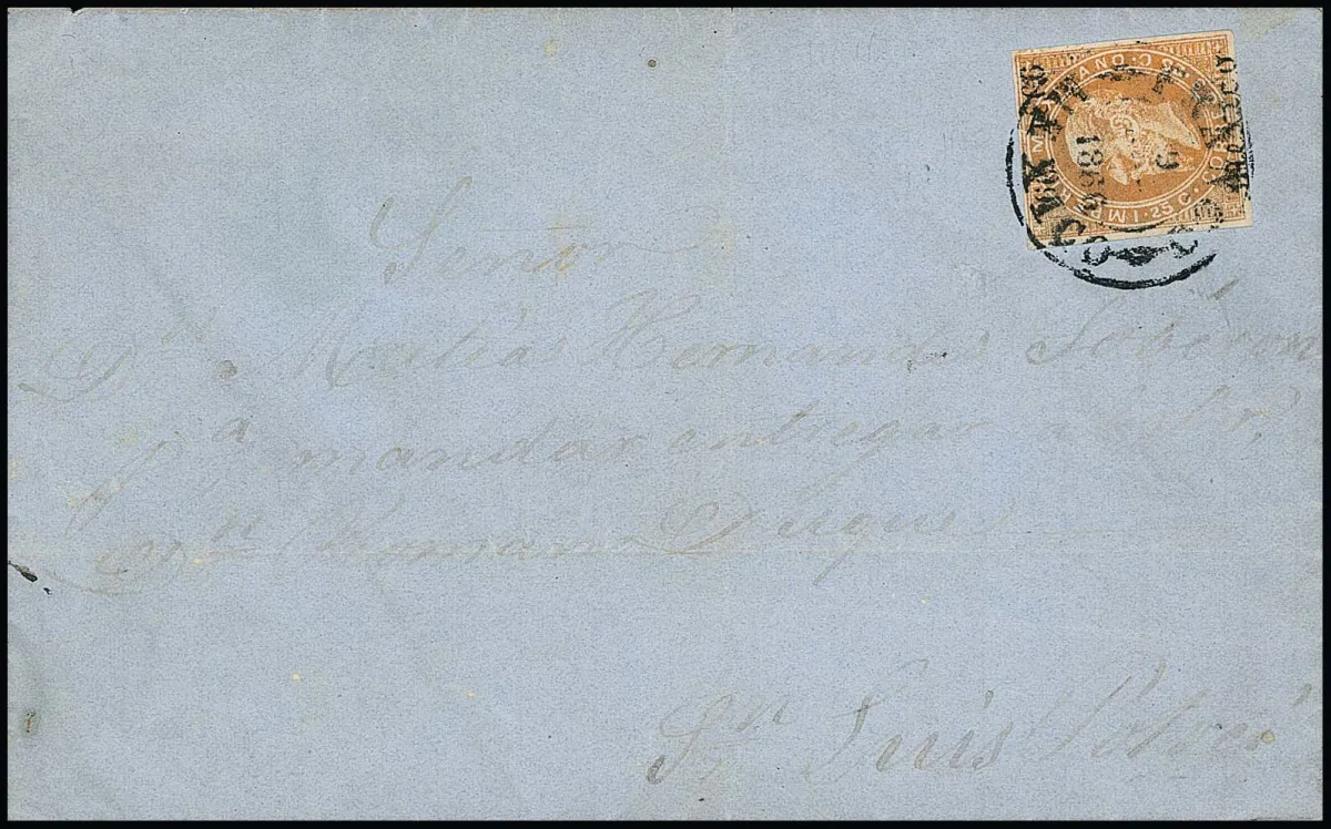 25 C. pomarańczowy z nadrukiem "Mexico" i "66-1866" na wspaniałym liście do San Luis Potosi (bez daty)