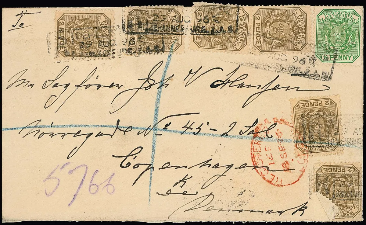 Transvaal, 1896, 1/2 P. vert et six fois 2 P. olive-brun sur enveloppe recommandée de Johannisburg vers Danemark, ainsi que lettre avec 1 et 2 1/2 P. 1898 vers USA…