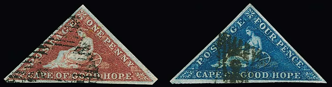 1 P. brownish-red, heavily blued paper, and 4 P. blue, lightly blued paper, each used superb items, Mi. 580,-