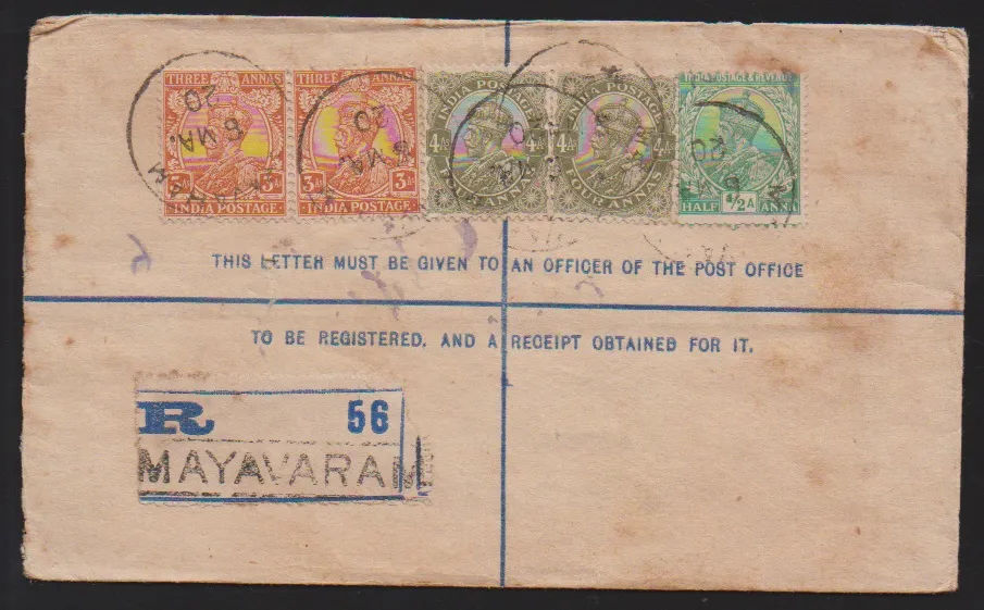 Inde, 1919/20, deux entiers postaux recommandés intérieurs 2 A. bleu, avec 4 A. de Molkalmuru, ainsi qu'avec 1/2, 3(2) et 4 A. de Mayavaram