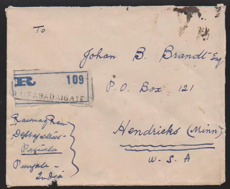 Inde, 1922, 1/2 A. vert par six, avec paire 1 A. rose foncé, sur enveloppe recommandée (petite entaille papier) vers les USA