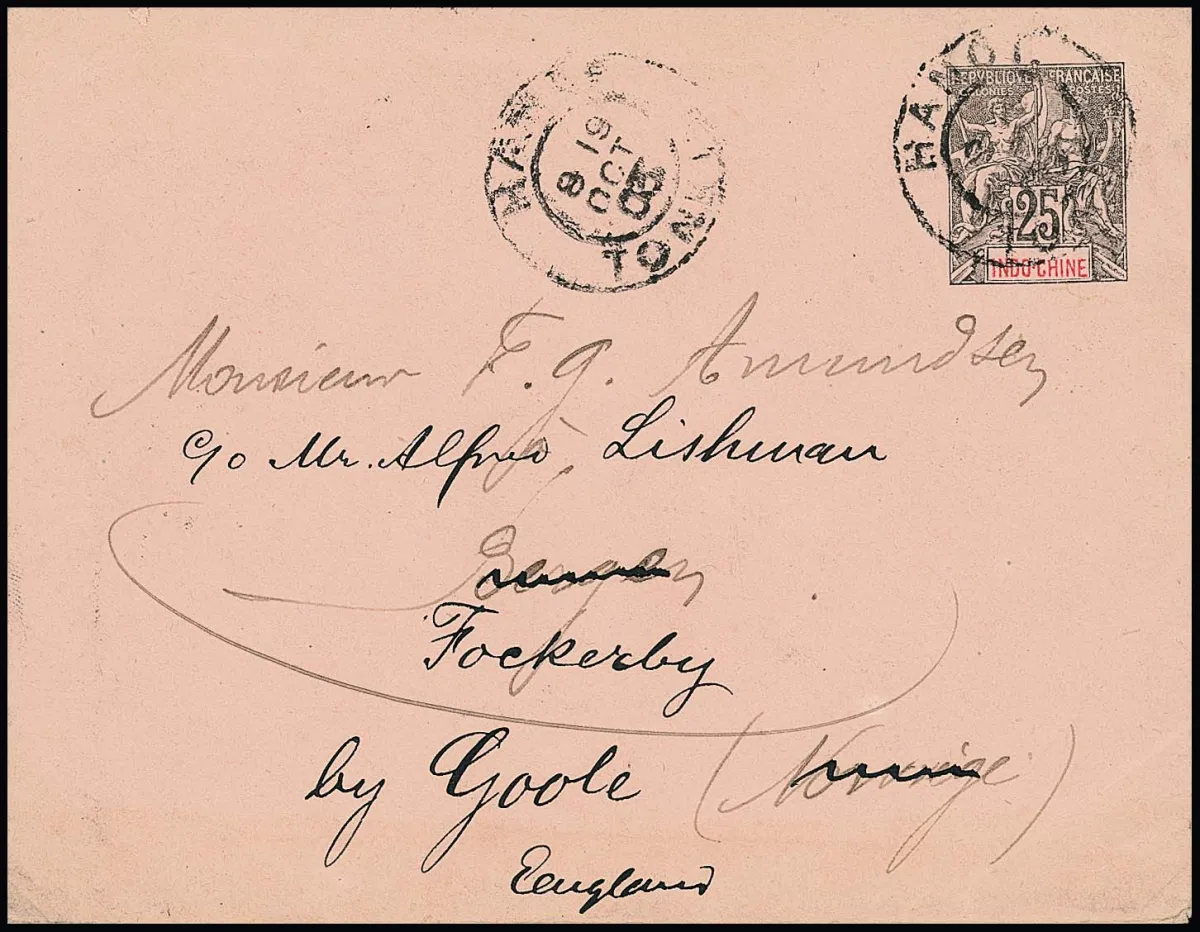 Indo-China, 1903, Allegory postal stationery 25 C. from Hanoi via Saigon to Bergen/Norway and from there forwarded to England