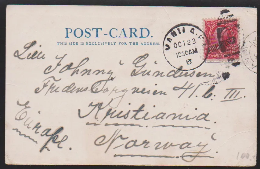 Philippines, poste USA, 1905, timbre surchargé 2 C. rouge sur carte postale d'usage de Manille vers Christiania/Norvège