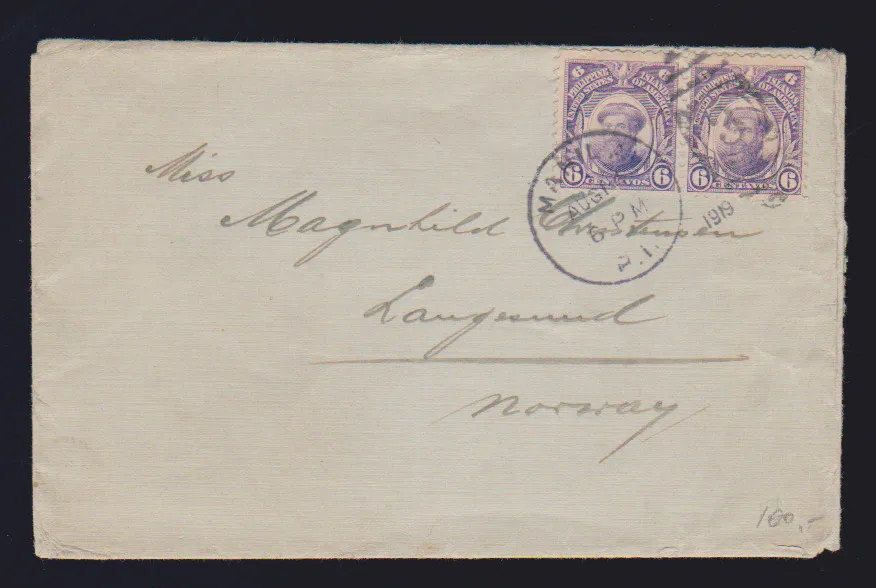 Philippines, US post, 1919, 6 C. in pair on rare letter from Manila to Norway (!)