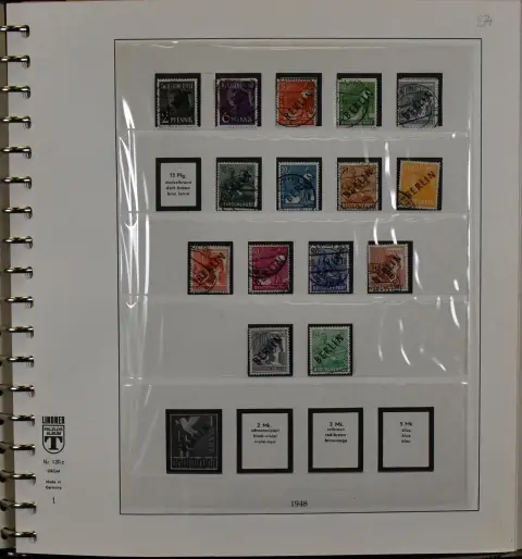 Berlin, 1948/1990, used collection from the overprint values, until 1976 on Lindner-T pre-printed sheets and later in stockbook. Incl. among others no. 21/32, from no. 35/41 (without block 1) complete, with no. 61/63, 68/70, 71/74, all Bells, no. 106/9 etc. Mi. 4000,-