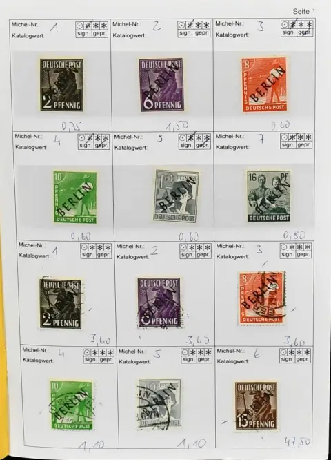 Berlijn, samenstelling van alleen de eerste jaren incl. nr. 1-16 gestempeld, maar deels slechts zeer lichte hoekstempels, nr. 34 met volledige stempel, 35-41 per twee, 61-63 met 63I, 64-67, 71, 72, 82-100 deels dubbel enz.