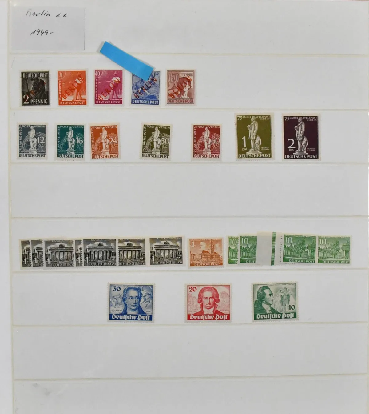 Berlijn, 1949/1990, ongebruikte samenstelling met nr. 29/30 (Mi. 180,-), 61/63 (320,-), 80/81, 110/11 (120,-), 122/23 (130,-) enz., in SAFE ringband. Plus nr. 35/41 ongebruikt compleet Mi. circa 4000,-