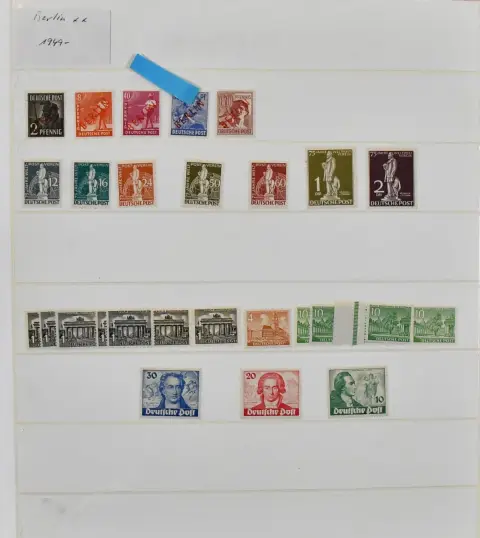 Berlijn, 1949/1990, ongebruikte samenstelling met nr. 29/30 (Mi. 180,-), 61/63 (320,-), 80/81, 110/11 (120,-), 122/23 (130,-) enz., in SAFE ringband. Plus nr. 35/41 ongebruikt compleet Mi. circa 4000,-