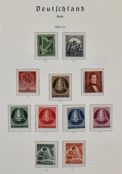 Berlin, 1950/1972, complete collection, mostly mint never hinged (no. 80/81 and some values ex no. 95/100 unused), with no. 71/74, all Bell sets, 121/23 etc., on Leuchtturm pre-printed sheets. Mi. around 1500,-