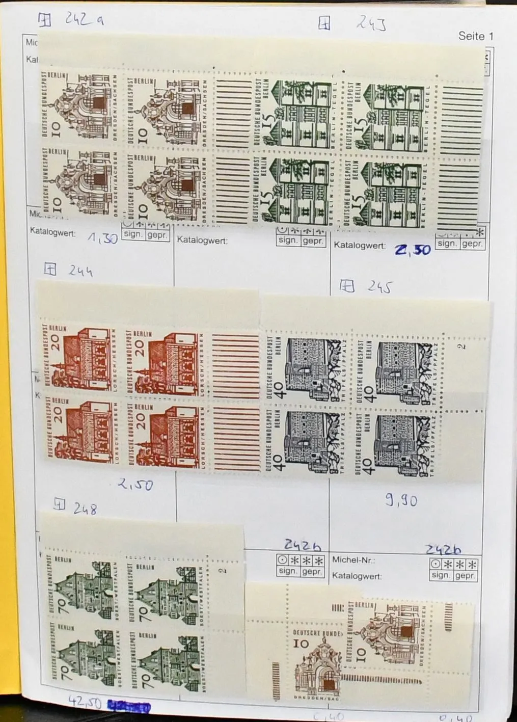 Berlijn, 1964-72, postfrisse samenstelling van bijzonderheden van definitieve reeksen, waaronder horizontale paren, blokken van vier (o.a. kleine bouwwerken, deels velrand met nummer),…