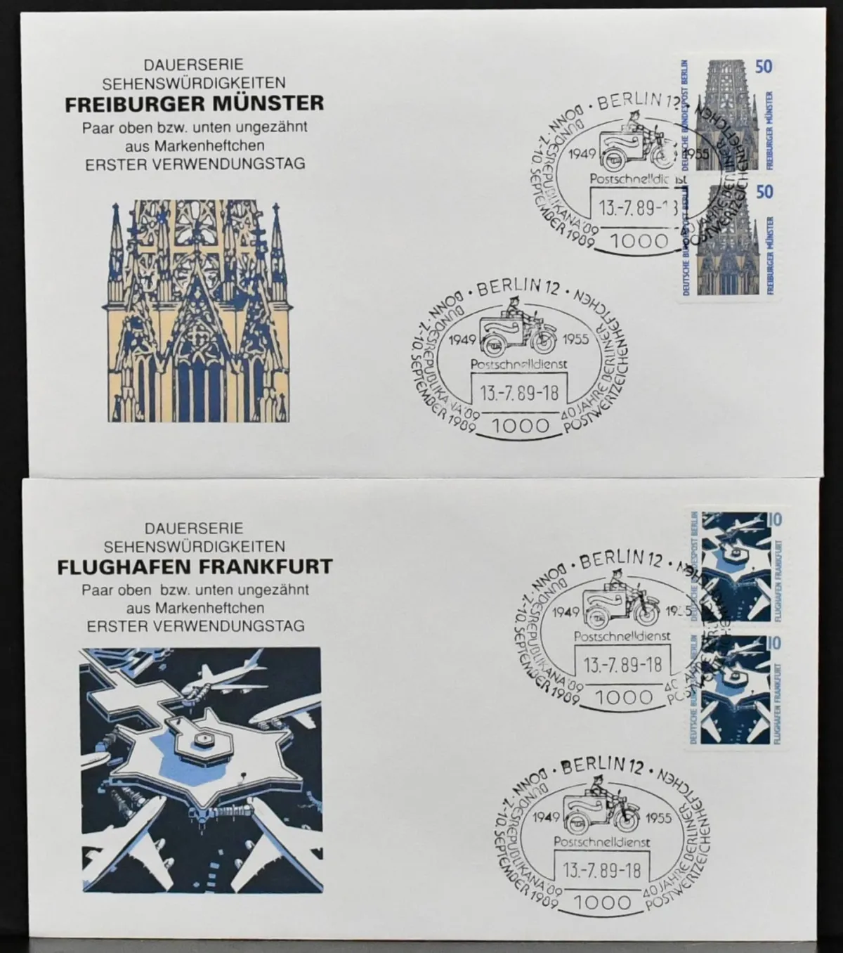 Berlijn, bezienswaardigheden, alle samendrukken W83/98, alle vijf C/D-paren en de H-bladen 22/23 elk op sier-FDC's. Mi. los gestempeld al 1000,-