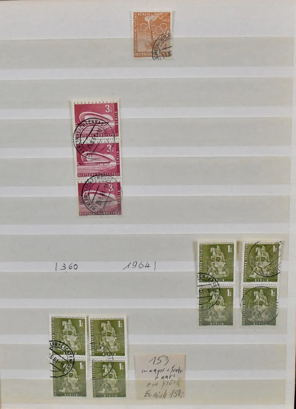 Berlin, Stadtbilder 1956, partia kasowana z ośmioma parami poziomymi i dziesięcioma poziomymi paskami po trzy nr 151 (Mi. 828,-), nr 154 w pionowym pasku po trzy (Mi. 600,-) i luzem po 27 (Mi. najtaniej 594,-) itd.