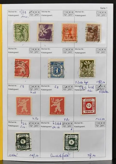 SBZ, handelaarsverkoopboekje (zonder uithalingen) alleen goede uitgaven, de "essentie", vanaf gestempeld nr. 1-7B, zeldzame "POTSCHTA" (BI), 43c gest., 47Hb gest., gesigneerd…