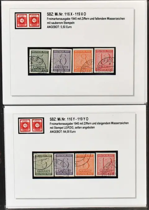 SBZ, tylko Saksonia Zachodnia, Mi.-Nr. 116-125, wysoce specjalistyczna kolekcja w segregatorze, wyłącznie lepsze wydania, wszystkie starannie opisane, w tym nr 116-19Y kasowane, 116-19D w postfrisowanych paskach czterech z marginesem narożnym, 117Xb w postfrisowanych jednostkach każda z certyfikatem Ströh, 119Xy postfrisowane (4), 120-23X wielokrotne postfrisowane, 116-19DX z certyfikatem, 120-23Y, 123XUsl, 123XUu na liście, 123X w parze z podwójnym nadrukiem na liście, kluczowe pozycje 10/11 po