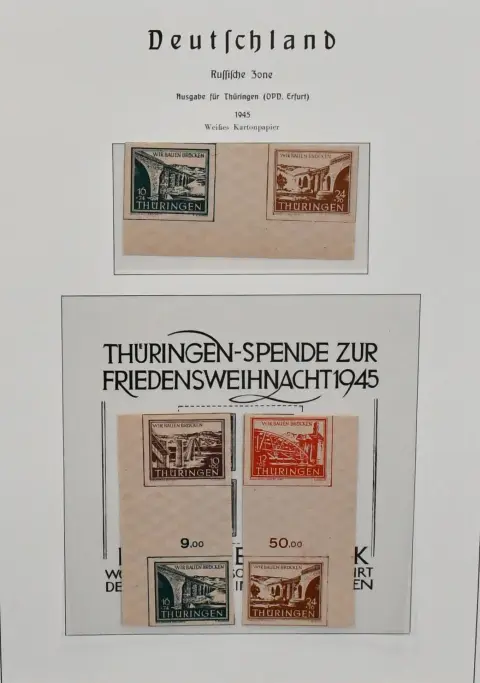 SBZ, kolekcja postfr. w albumie przedrukowym Leuchtturm, m.in. pary mostów, warianty kolorów i papieru, Bl. 4 (ten kasowany, ale nieekspertyzowany), Bl. 5 i 6 itd.