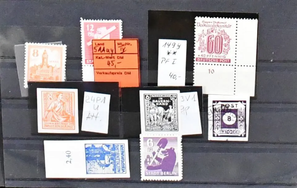 SBZ, Bären and Mecklenburg, special lot with only special features, including Bären with B perforations and A with expertized papers, no. 1U, MVP Freimarken with expertized colors like no. 18d, Faschismus with colors, Verzähnung, Kinderhilfe with no. 28b expertized, Junkerland with proofs like no. 23V1, 24P1 etc. Very high catalog value!
