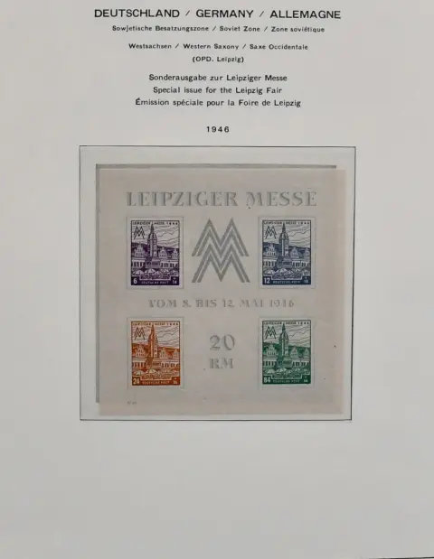 SBZ, 1945/49, w głównych numerach, oprócz trzech bloków, kompletna kolekcja na kartach przedrukowanych. W tym nr 20/22 czyste, 29/40y, Bl. 3A, Bl. 5Y, Bl. 6 czyste itd.
