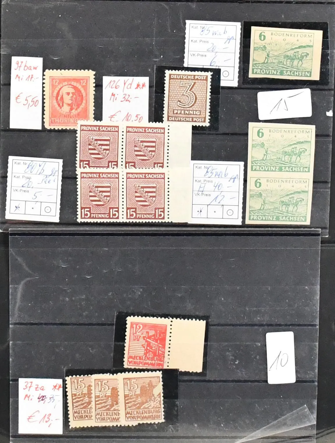 SBZ, group of often better values, partly expertised, from mint no. 1-7B (Mi. 180,-), 29-36x as well as 36zz and 37za(3) each mint (285,-), 80yb(4), 89B cancelled,…
