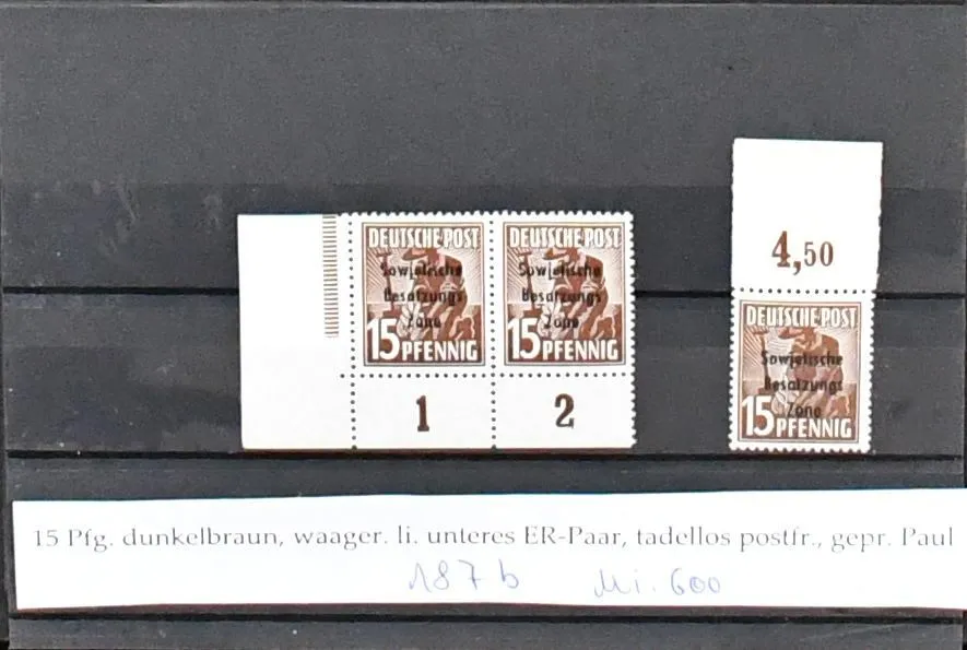 SBZ, machine overprints, small special lot on stock cards with some special features like strongly shifted overprints, top margins with e.g. no. 187b, certified…