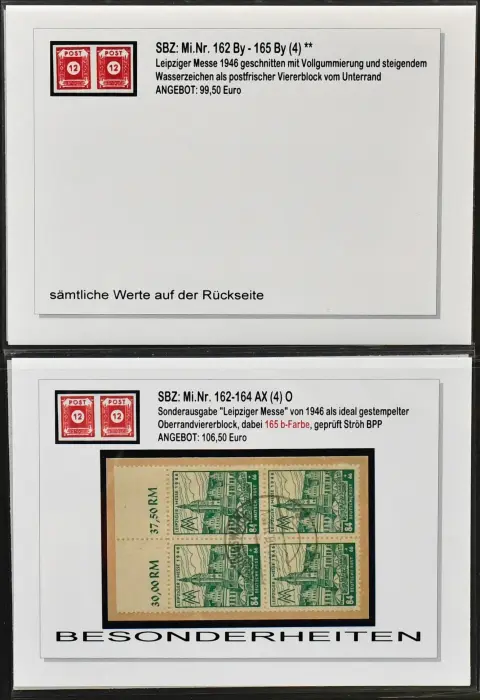 SBZ, Saksonia Zachodnia, tylko seria "Leipziger Messe", Mi.-nr 162-165, wysoce specjalistyczna kolekcja w segregatorze, wyłącznie lepsze wydania, wszystkie starannie opisane, w tym nr 162-65By w czystym VB, 162-64Ax (w tym 165b) w stempl. OR-VB, sprawdzone Ströh, Bl. 5X/Y czyste itd. Mi. ok. 2200,-