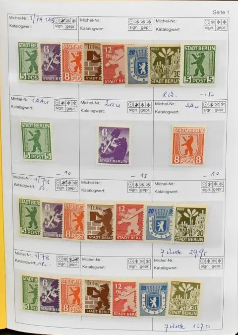 SBZ, Mi.-Nr. 1-123, specjalistyczna część kolekcji od nr 1-7B, zarówno czyste jak i nieużywane, w tym sprawdzone czyste nr 8y, 14x/y, 20-22, 23-25a, 24aa, 24PII nieząbkowane (mała plama), 25X, 23-25b, 26-28, 26-28U, 29-40x/y, częściowo wielokrotne, m.in. dwa razy y, 47bG jako róg arkusza lewy górny na liście poleconym, 43C, 42-50D (dwie serie, jedna kasowana), 42-50G, 80X, 116-23Y, 93YIII itd.
