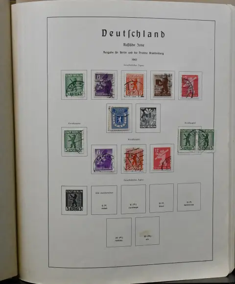 SBZ, 1945/49, kolekcja kasowana od nr 1/7, w starszym albumie przedrukowym Leuchtturm. W tym nr 24/25, 34/40y, 92/99A/B z oboma rodzajami gumy, 126/37 w tym sześć różnych...