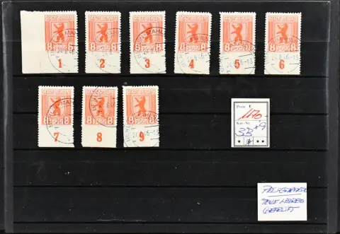 SBZ, Niedźwiedź Berliński, nr 3B, 8 Pfg. perforowane, dziewięć używanych dolnych marginesów ("Berlin Mahlstorf"), Mi. 1170,-
