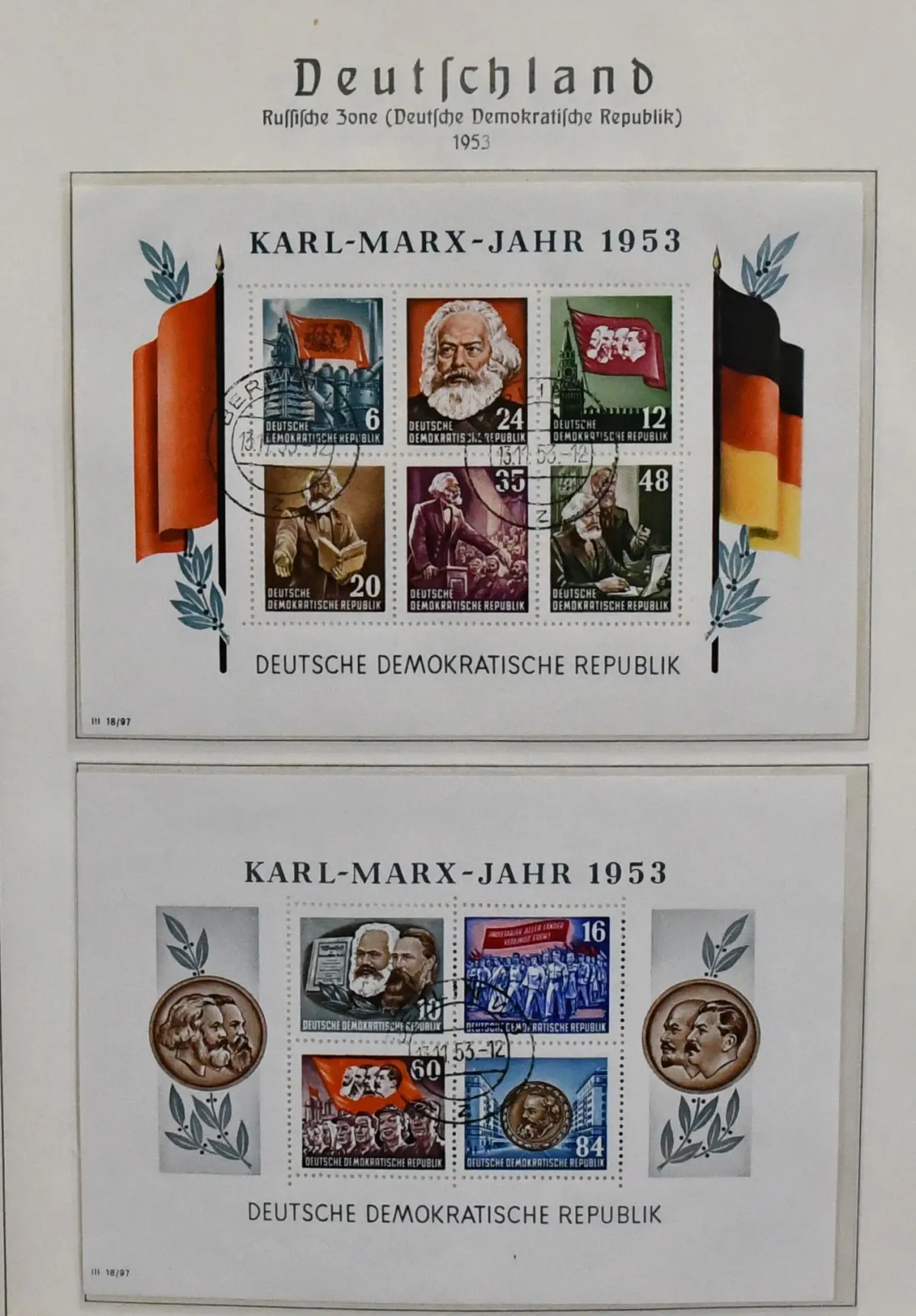 SBZ/GDR, 1945-1968, used collection in binder, from some SBZ, mainly GDR from 1949 with early issues, including Marx blocks (Bl. 8-9A/B), Bl. 10-15, some official etc.