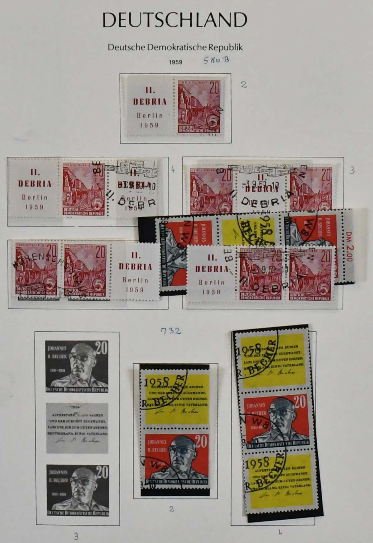 DDR, 1950-1990, omvangrijke tweedelige verzameling gestempelde se-tenant zegels, vanaf ca. 1955 waarschijnlijk compleet, incl. 5-jarenplan, Beurs '64, Olympiade '64, Klederdrachten I, Ruimtevaart, enz., maar ook daarvoor goed verzameld met se-tenant uit blokken 7, 11, 12, 13, 15, later ook met vele blok-van-vier combinaties. De cataloguswaarde zou boven 7000,- euro liggen, gestempeld zeldzamer dan postfris!