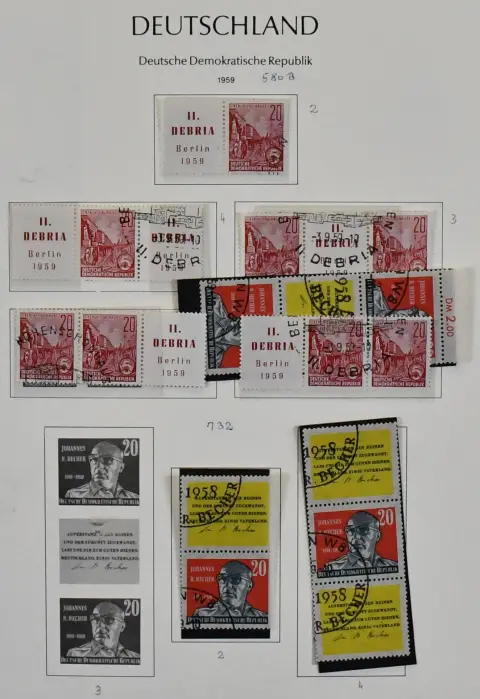 NRD, 1950-1990, obszerna dwutomowa kolekcja znaczków łączonych kasowanych, od ok. 1955 prawdopodobnie kompletna, w tym plan 5-letni, Targi '64, Olimpiada '64, Stroje I, Kosmos itd., ale także dobrze kolekcjonowane wcześniej z łączonymi z bloków 7, 11, 12, 13, 15, później także z wieloma kombinacjami czwórek. Wartość katalogowa powinna przekraczać 7000,- euro, kasowane rzadsze niż czyste!