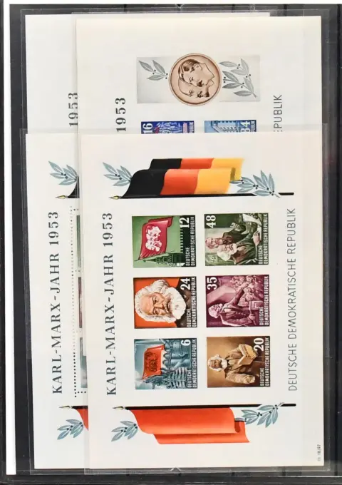 DDR, ringband met uitsluitend betere uitgaven, alle zorgvuldig beschreven, waaronder nr. 256-59 en 261-70 als luxe briefstuk-series, 284-88 tweemaal postfris (!), alle vier Marx-blokken postfris, 243-44 in postfrisse ER-VB rechtsonder met DZ, SPI DV, SP2 alle vier hoeken elk in paren (2) incl. DV, 901-4 Zus.-Dr. met DV, 1039-44 Zus.-Dr. met DV, 1343-45U in stroken, alle Zus.-Dr. ex Meißner Porzellan, 1169PU(2), Dienst A nr. 1-17 postfris (2), PF nr.