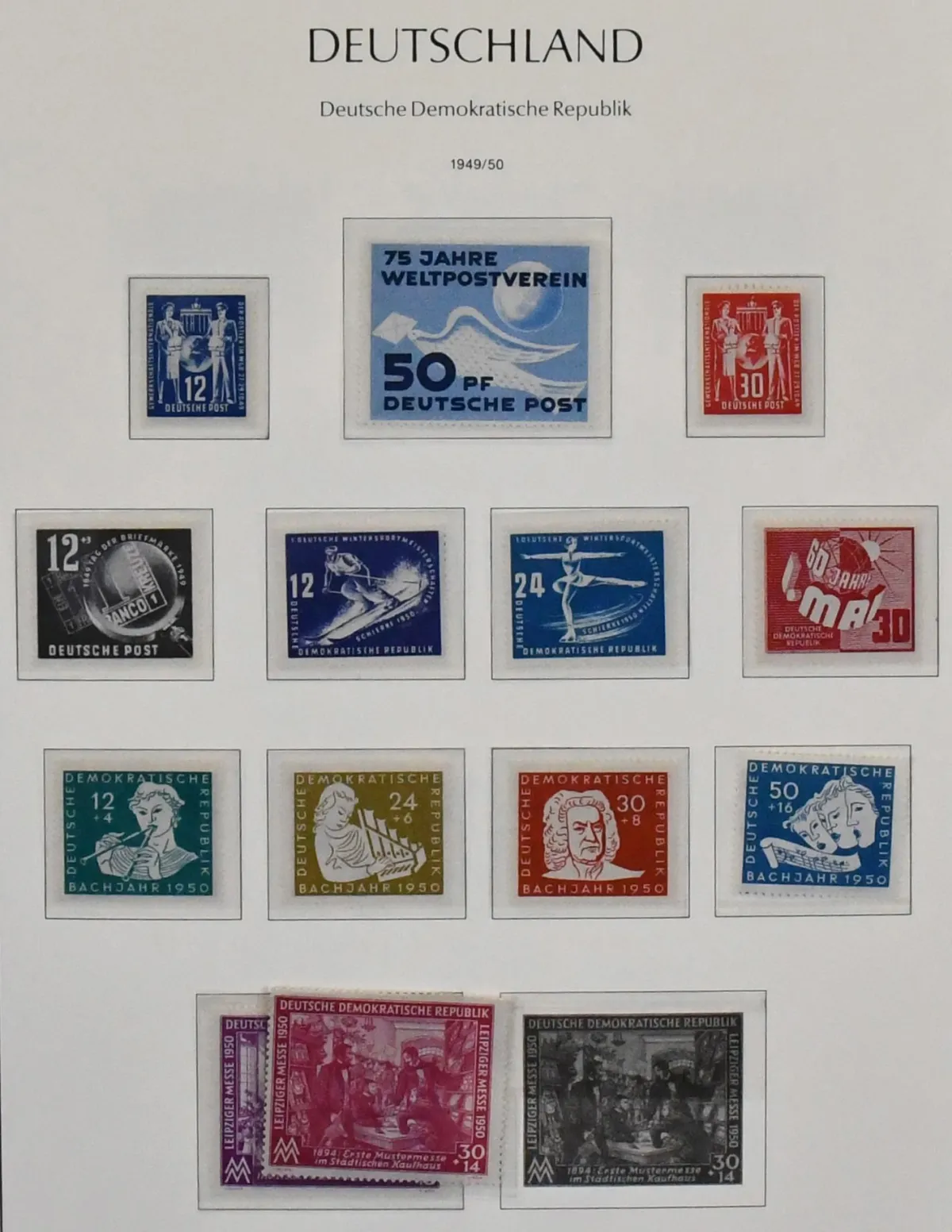 GDR, 1949-1990, complete mint never hinged (except two cheap values) collection in good quality, in three Leuchtturm pre-printed albums, with all beginnings, Bl. 7-15, Academy, Chinese, 5-year plan, Heads II, Pieck sets etc. Mi. approx. 5600,-