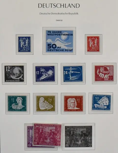 DDR, 1949-1990, complete postfris (behalve twee goedkope waarden) verzameling in goede kwaliteit, in drie Leuchtturm voorbedrukte albums, met alle beginnetjes, Bl. 7-15, Academie, Chinezen, 5-jarenplan, Koppen II, Pieck-sets enz. Mi. ca. 5600,-