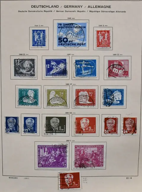 DDR, 1949-1990, tweedelige oude verzameling, praktisch overcompleet gestempeld (zonder Marx-blokken) met verder alle beginwaarden, waaronder o.a. Bach, Akademie, Chinesen, Köpfe II, aanvullend met Zus.-Dr. Messe '64, Dienst, met brieven, o.a. gesneden blokzegels uit Marx-blokken op brieven enz. Mi. ongeveer 5000,-