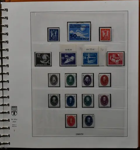 DDR, 1949/56, complete postfrisse (Bl. 8/9B en 10 ongebruikt), aanvullend gestempelde verzameling, op enkele waarden ex nr. 327/41 na, eveneens compleet, incl. Bl. 7, alle Marx-blokken, nr. 327/41 postfris, vijfjarenplannen enz., in als nieuw Lindner-T voordrukalbum met cassette