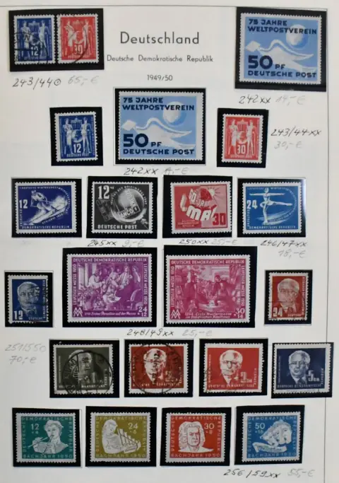 DDR, 1949-1990, grotendeels complete verzameling in gemengde staat, in drie banden, met talrijke beginnetjes vanaf nr. 242, Messe Leipzig, Bach, Akademie postfris, Bl. 7, 282/83, 284/85, 286/88, Bl. 9B postfris, 10/11, 13, vanaf 1955 bijna compleet. Mi. 4500,-