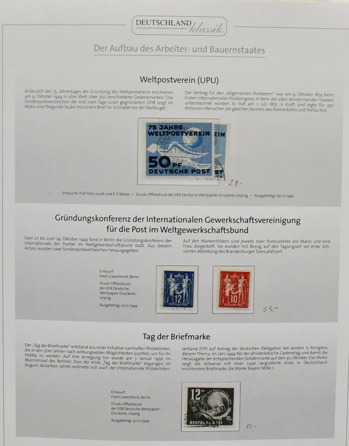 RDA, 1949-1960, collection complète obl. dans album préimprimé, avec tous les meilleurs comme Messe, Akademie, Chinesen, Köpfe II, bl. 7, 8/9A/B, 10-13 etc. Mi. 2700,-