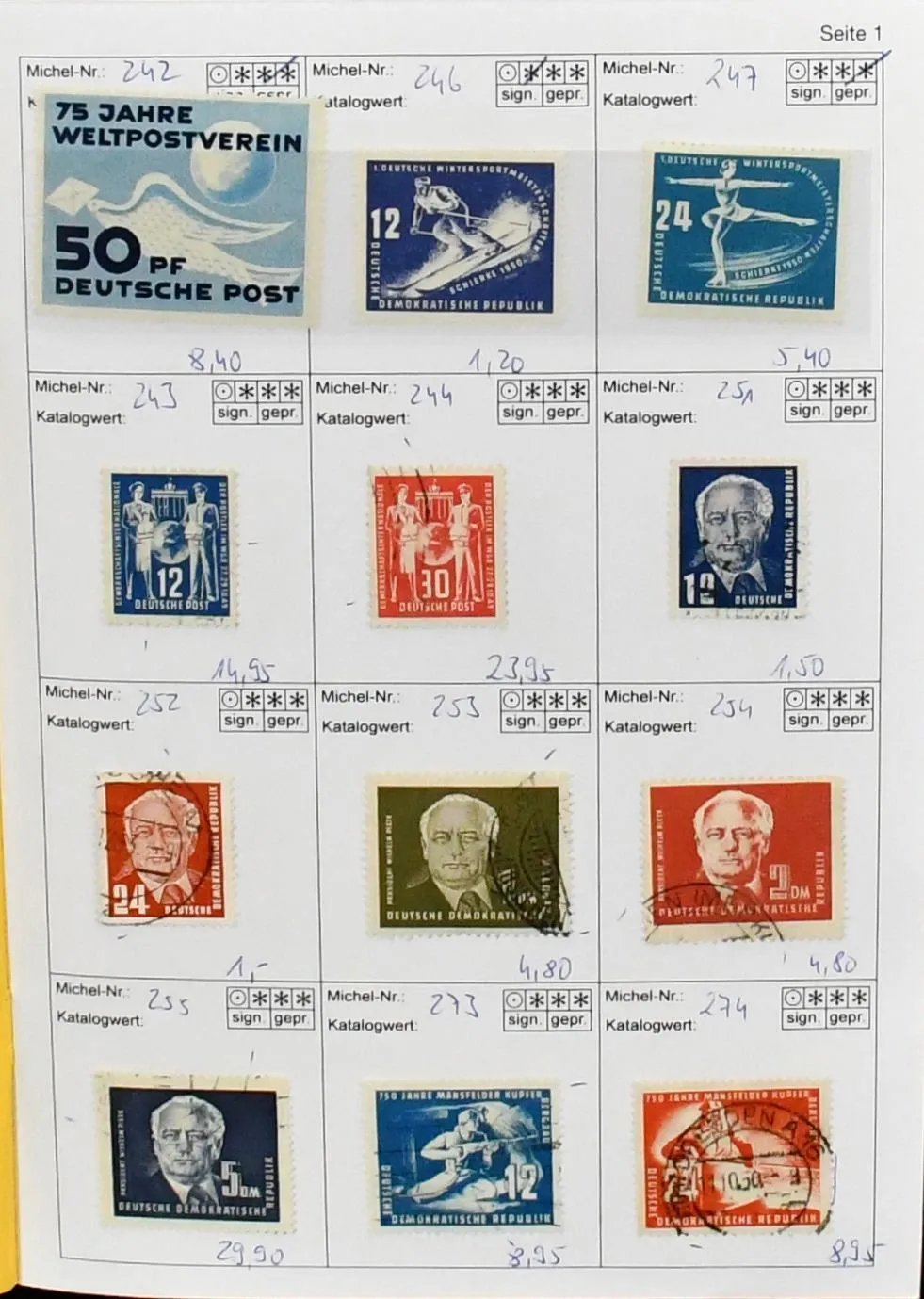 GDR, 1953-1958, collection part from no. 242, with among others Bl. 7, 287/88, Köpfe II complete used except no. 339