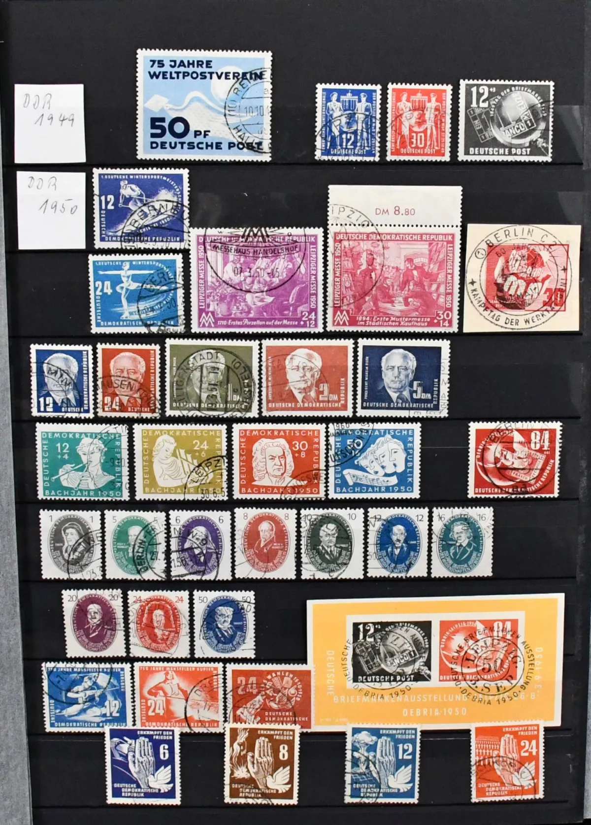 GDR, 1949-1990, without no. 286-288, 25 Pfg. Köpfe and Marx-Bl. apparently complete two-volume used collection with some extras, with Bl. 7, Akademie etc.